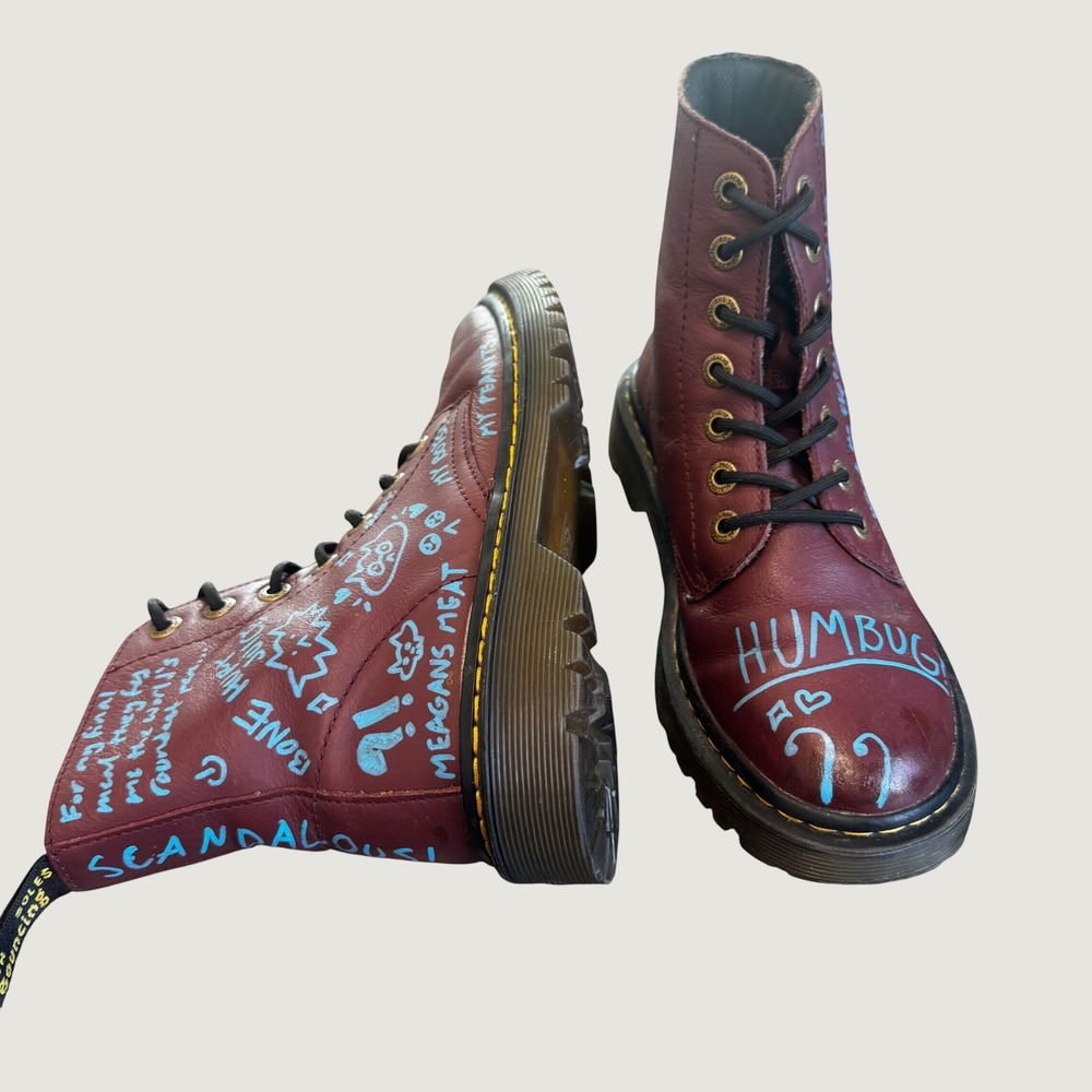 Dr Martens 1460 Women 7  Cherry Red Leather Custom Bah Humbug Combat Boots 8-Eye